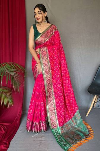 Pink plain silk blend patola-saris saree with blouse