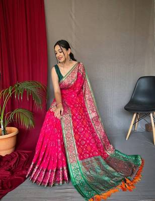 Pink plain silk blend patola-saris saree with blouse 2