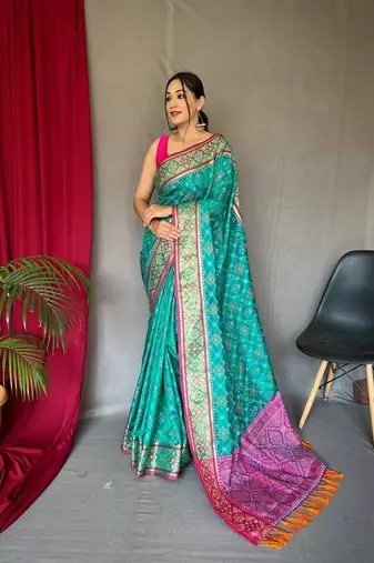 Blue plain silk blend patola-saris saree with blouse