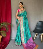 Blue plain silk blend patola-saris saree with blouse