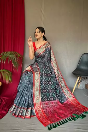 Black plain silk blend patola-saris saree with blouse