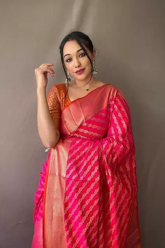 Pink plain silk blend silk-blend-sarees saree with blouse