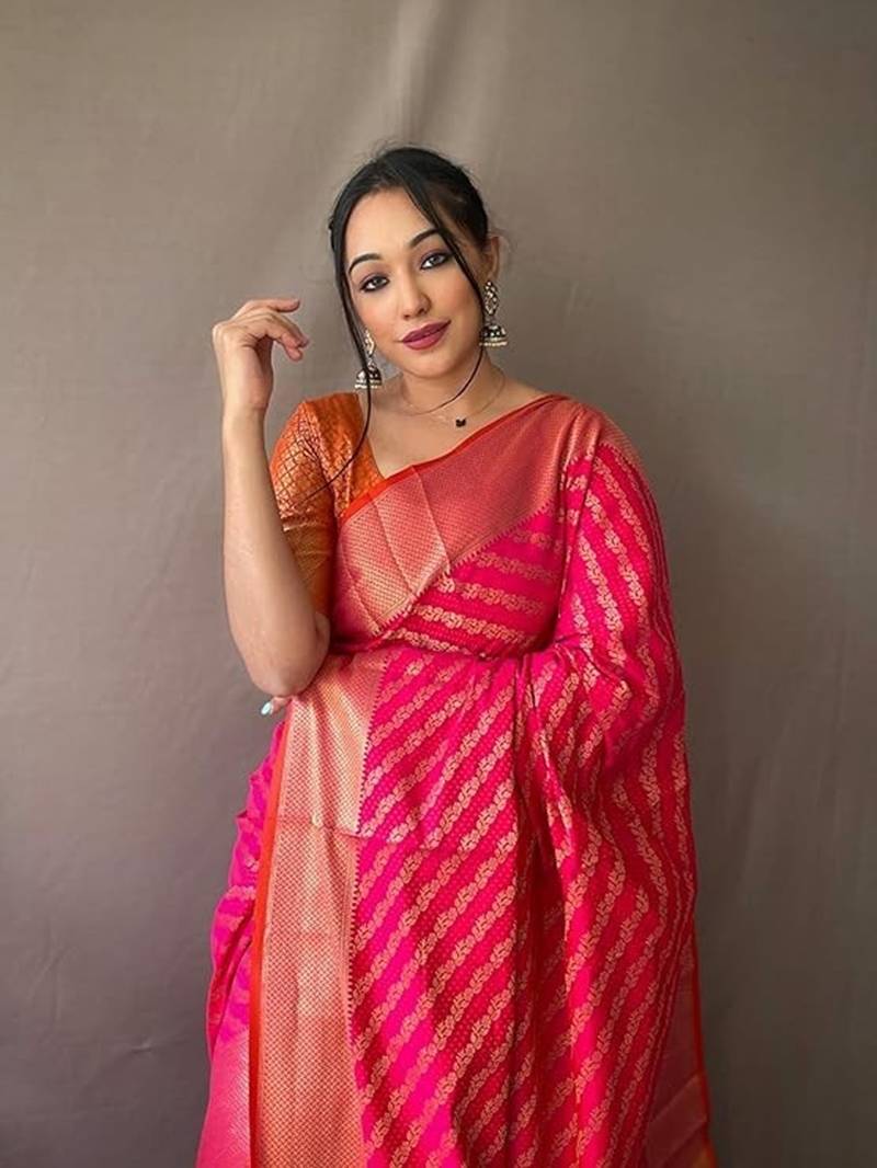 Pink plain silk blend silk-blend-sarees saree with blouse