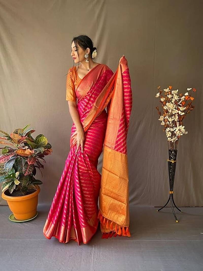 Pink plain silk blend silk-blend-sarees saree with blouse