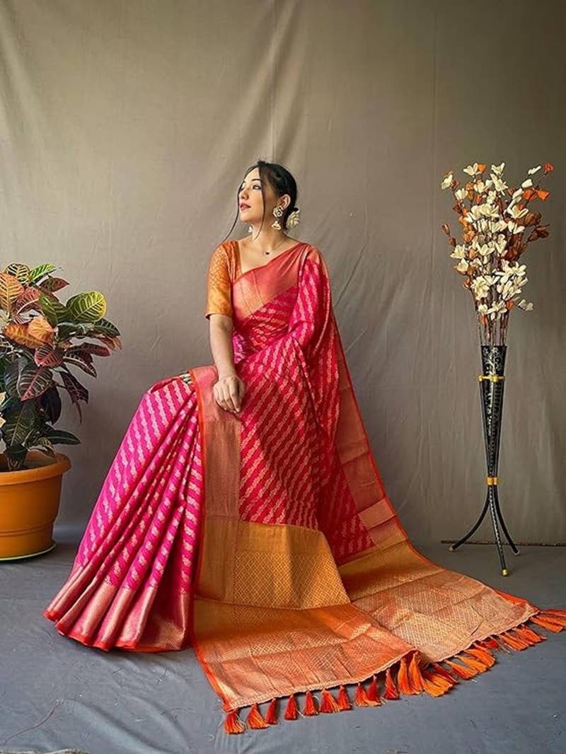 Pink plain silk blend silk-blend-sarees saree with blouse