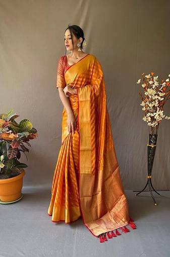 Orange plain silk blend silk-blend-sarees saree with blouse