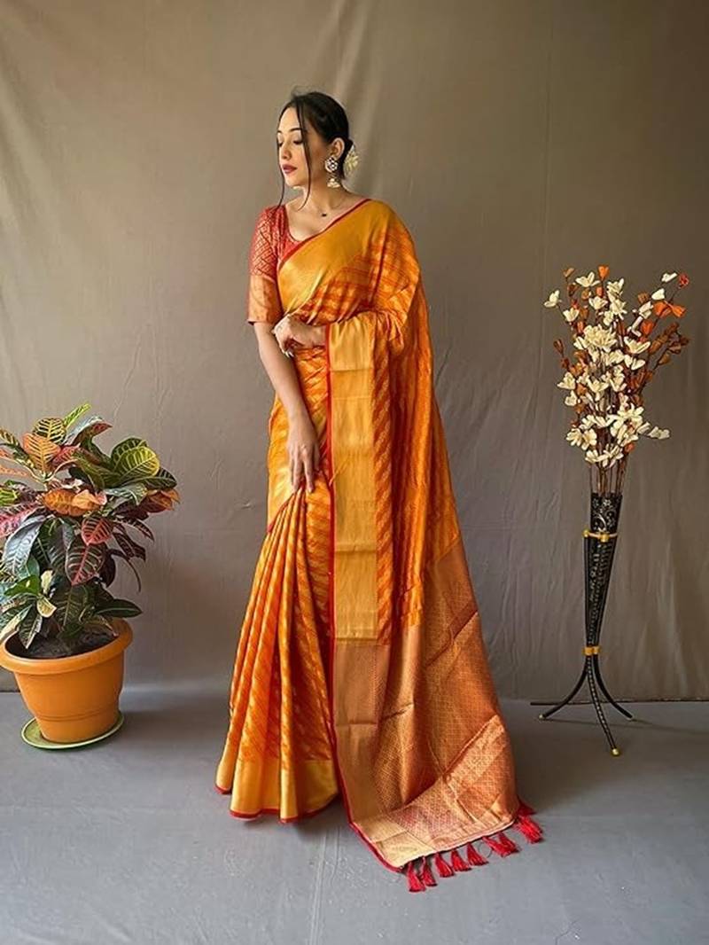 Orange plain silk blend silk-blend-sarees saree with blouse