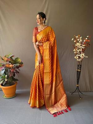 Orange plain silk blend silk-blend-sarees saree with blouse 1