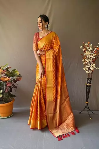 Orange plain silk blend silk-blend-sarees saree with blouse