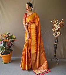 Orange plain silk blend silk-blend-sarees saree with blouse