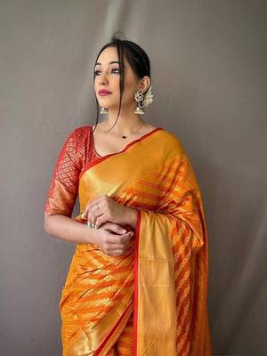Orange plain silk blend silk-blend-sarees saree with blouse 2