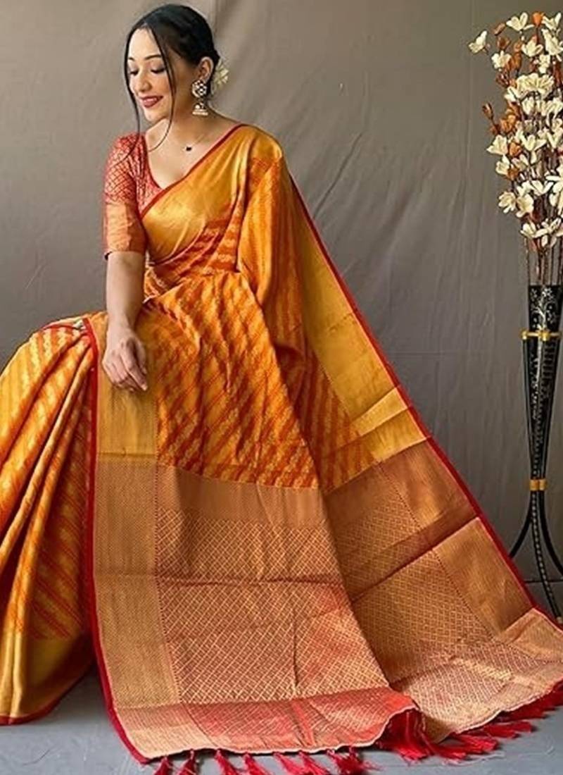 Orange plain silk blend silk-blend-sarees saree with blouse