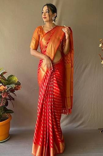 Red plain silk blend silk-blend-sarees saree with blouse