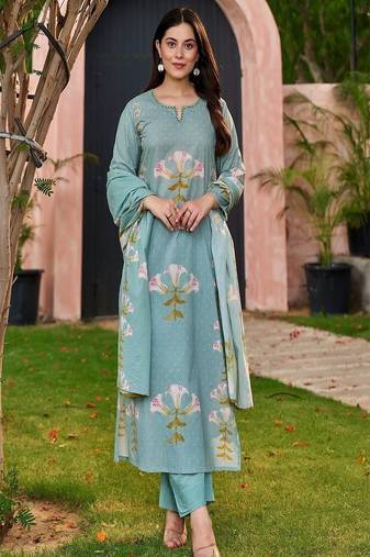 Floral embroidered round neck pure cotton kurta trouser & dupatta set