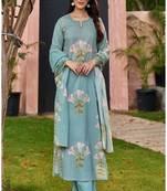 Floral embroidered round neck pure cotton kurta trouser & dupatta set