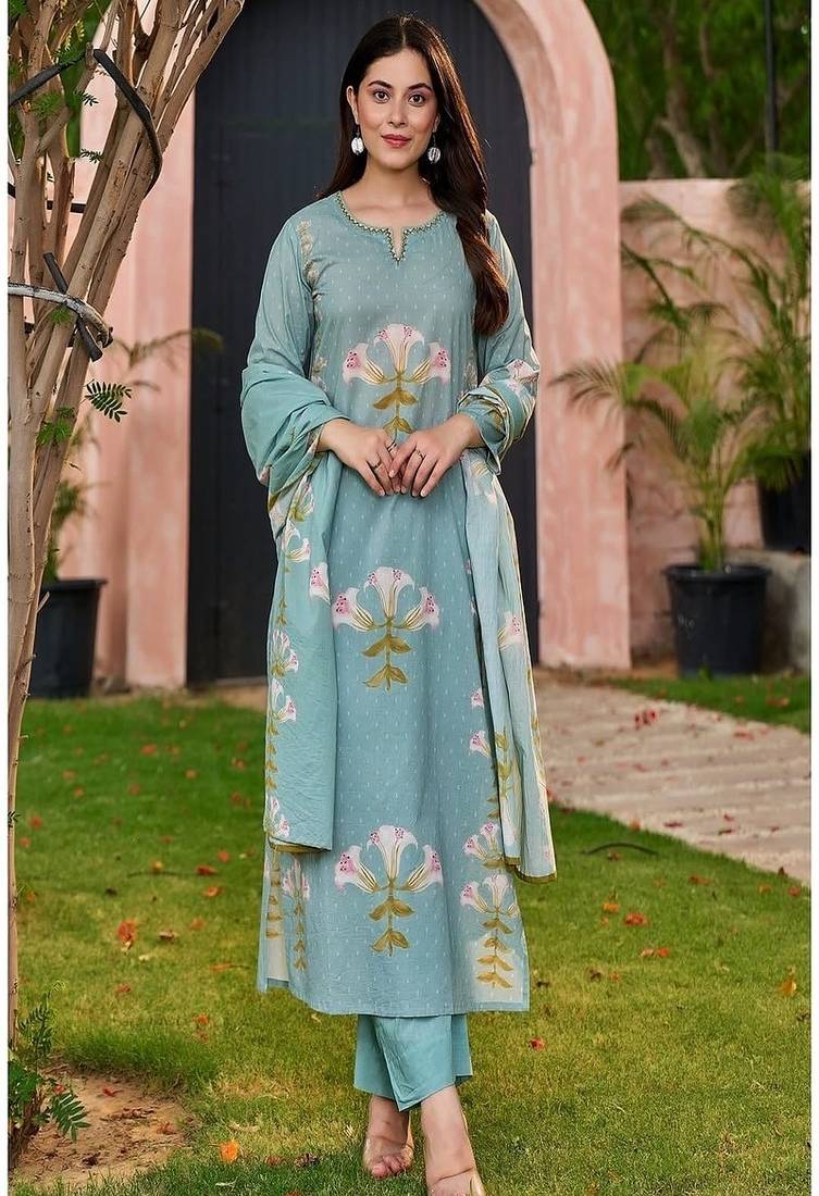 Floral embroidered round neck pure cotton kurta trouser & dupatta set