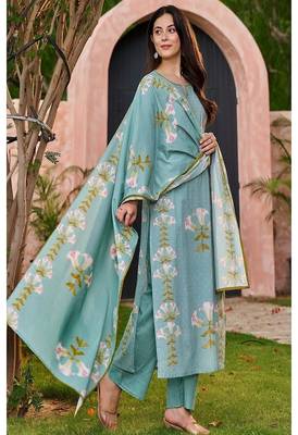 Floral embroidered round neck  cotton kurta trouser & dupatta set 2