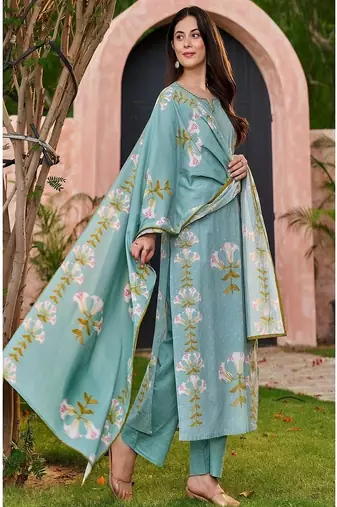 Floral embroidered round neck  cotton kurta trouser & dupatta set