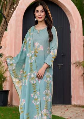 Floral embroidered round neck  cotton kurta trouser & dupatta set 3