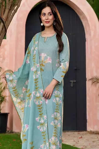 Floral embroidered round neck  cotton kurta trouser & dupatta set
