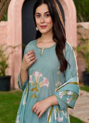 Floral embroidered round neck  cotton kurta trouser & dupatta set 4