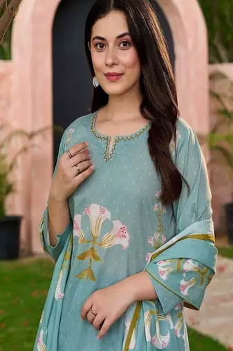 Floral embroidered round neck  cotton kurta trouser & dupatta set
