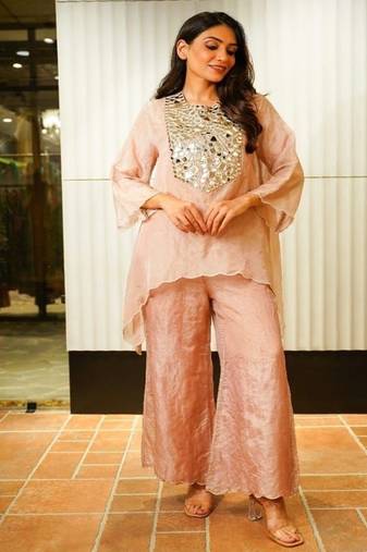 Floral embroidered round neck silk co-ord set