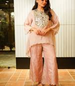 Floral embroidered round neck silk co-ord set