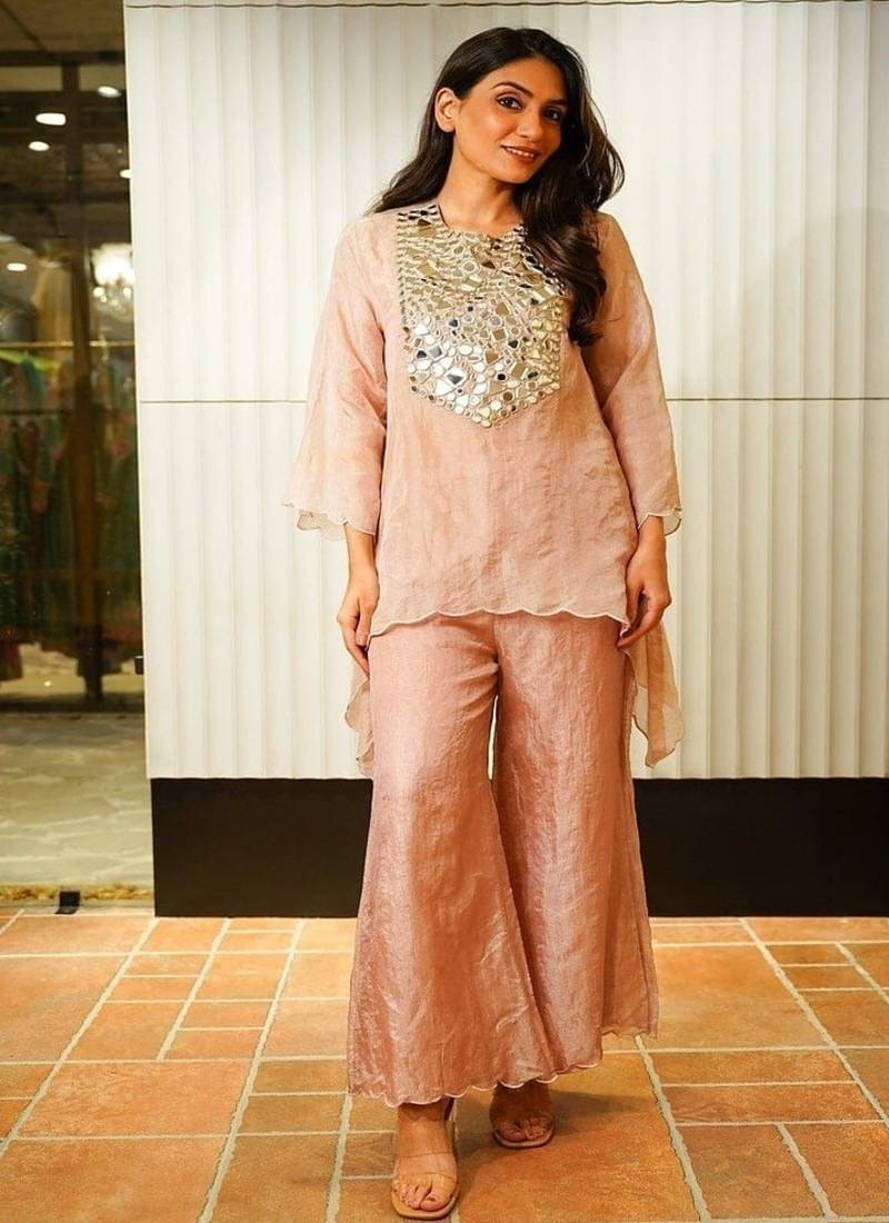 Floral embroidered round neck silk co-ord set