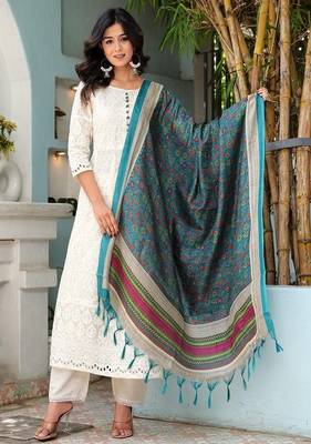 Floral embroidered u neck  cotton kurta trouser & dupatta set 1