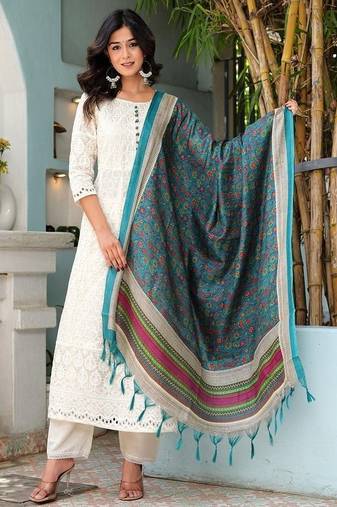 Floral embroidered u neck pure cotton kurta trouser & dupatta set