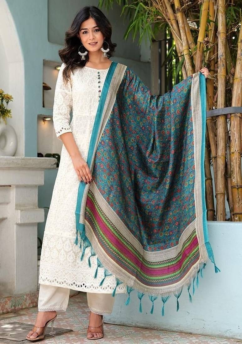 Floral embroidered u neck pure cotton kurta trouser & dupatta set