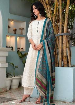 Floral embroidered u neck  cotton kurta trouser & dupatta set 3