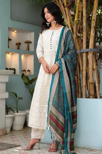 Floral embroidered u neck  cotton kurta trouser & dupatta set