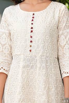 Floral embroidered u neck  cotton kurta trouser & dupatta set 4