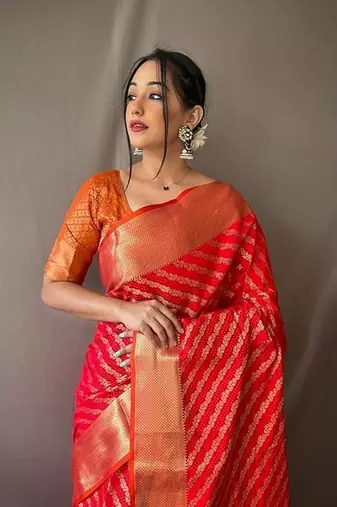 Red plain silk blend silk-blend-sarees saree with blouse