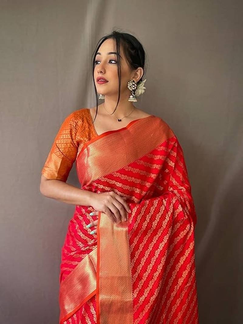 Red plain silk blend silk-blend-sarees saree with blouse