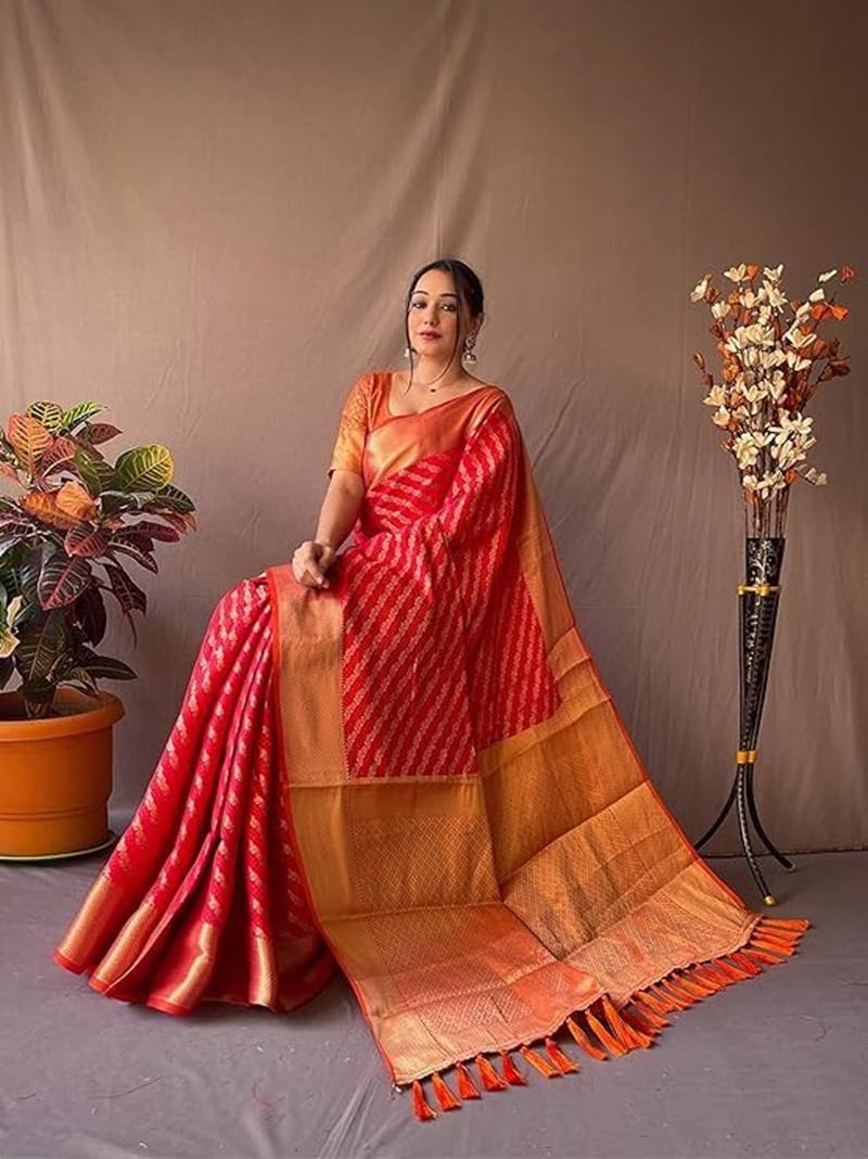Red plain silk blend silk-blend-sarees saree with blouse