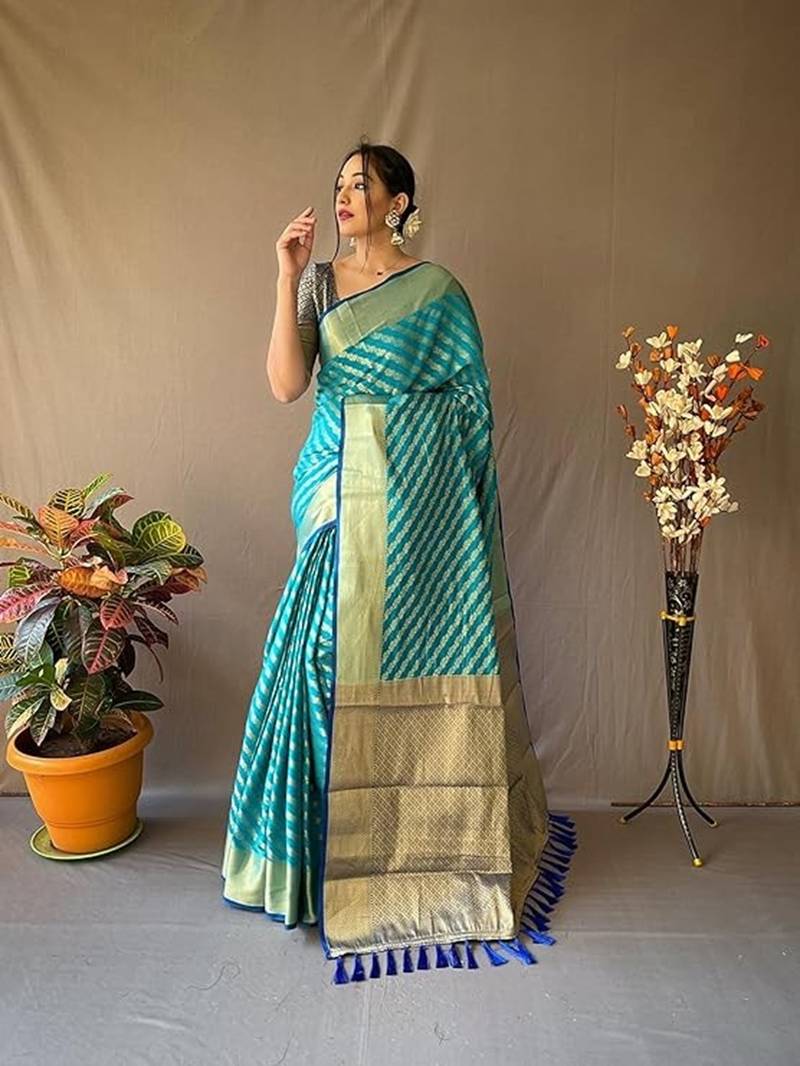 Blue plain silk blend silk-blend-sarees saree with blouse