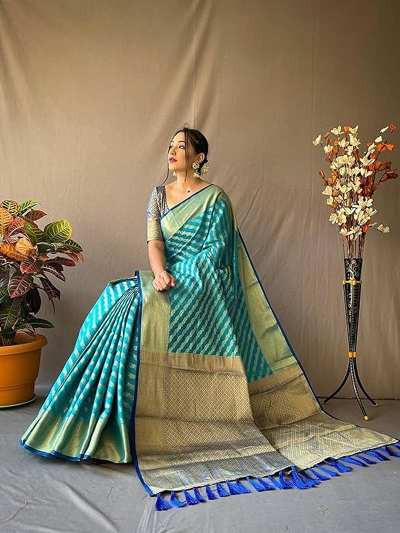 Blue plain silk blend silk-blend-sarees saree with blouse