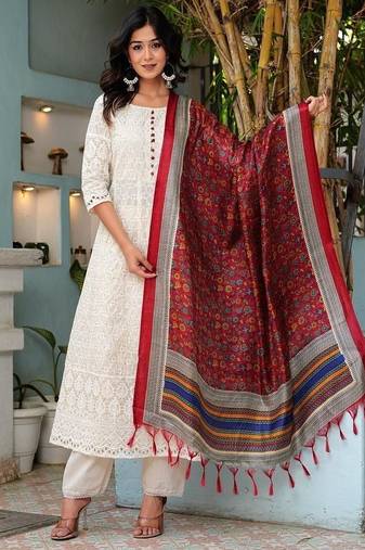 Floral embroidered u neck pure cotton kurta trouser & dupatta set