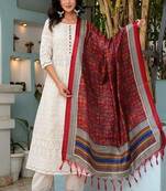 Floral embroidered u neck pure cotton kurta trouser & dupatta set