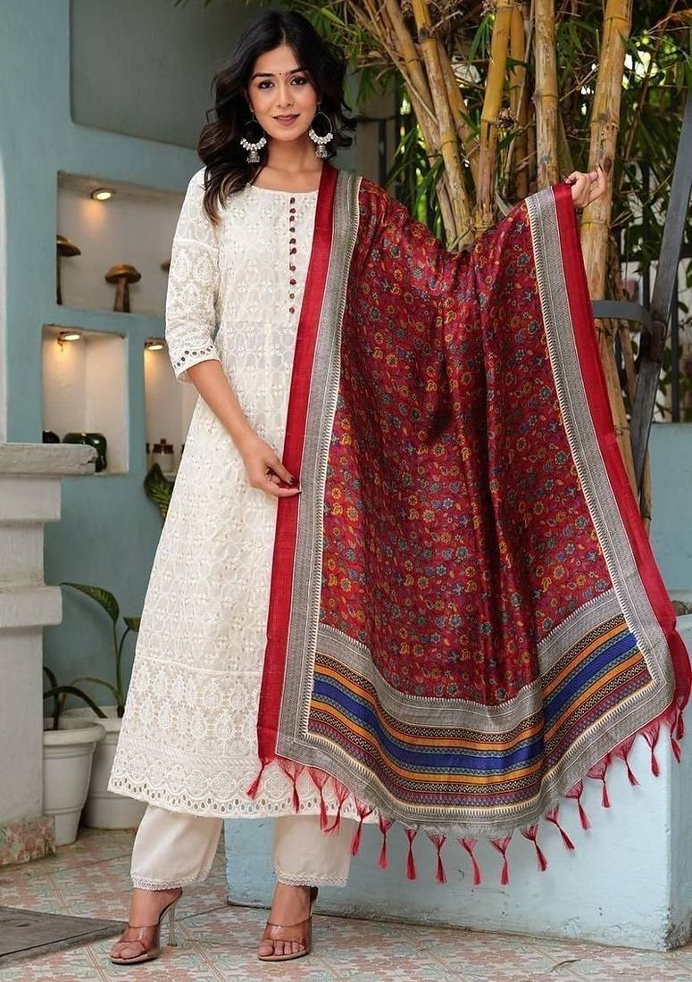 Floral embroidered u neck pure cotton kurta trouser & dupatta set