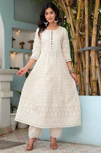 Floral embroidered u neck  cotton kurta trouser & dupatta set