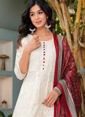 Floral embroidered u neck  cotton kurta trouser & dupatta set 3