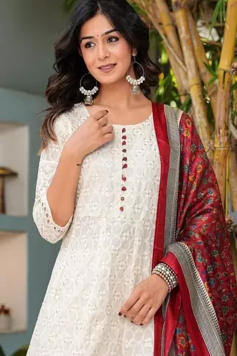 Floral embroidered u neck  cotton kurta trouser & dupatta set