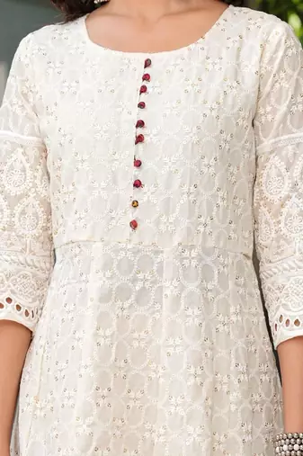 Floral embroidered u neck  cotton kurta trouser & dupatta set