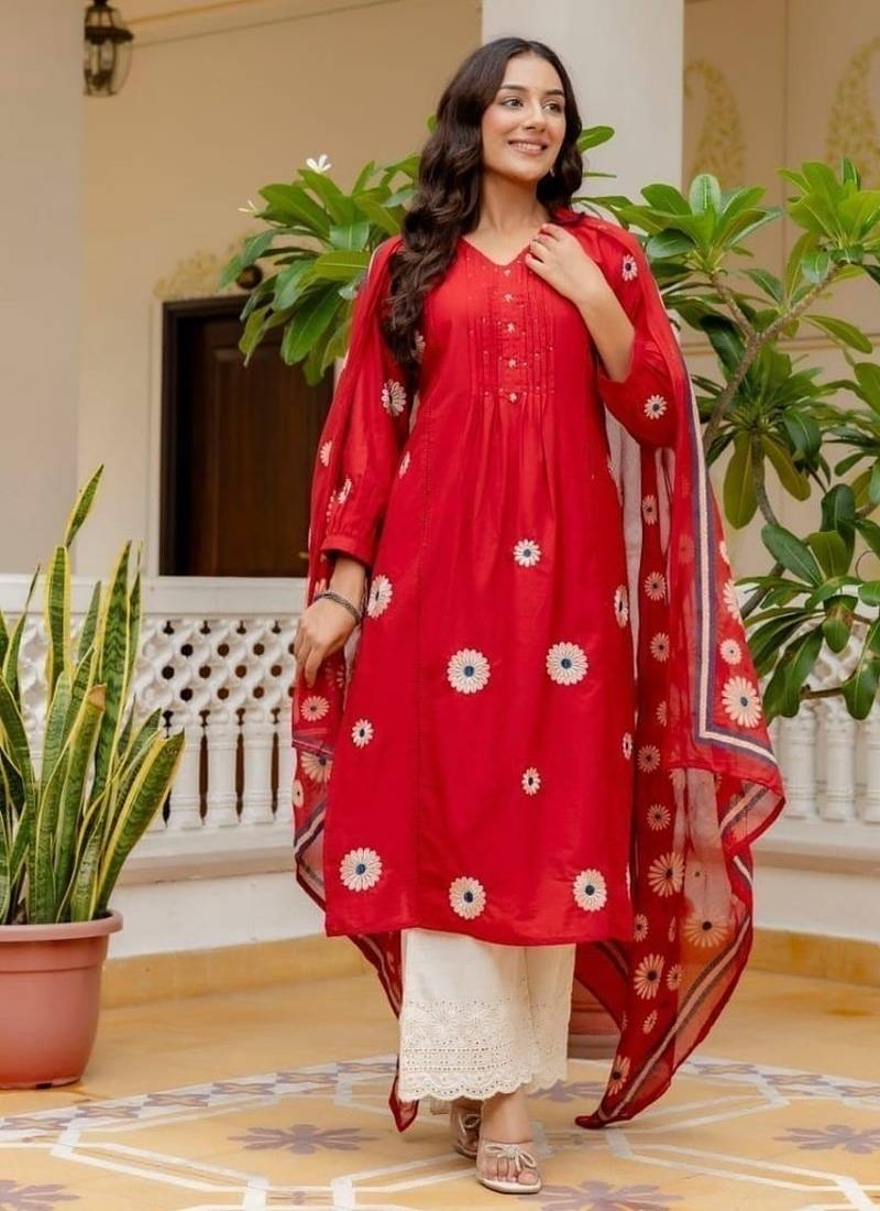 Floral embroidered v neck pure cotton kurta trouser & dupatta set