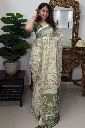white & green color linen cotton digital print saree