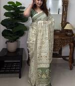 white & green color linen cotton digital print saree